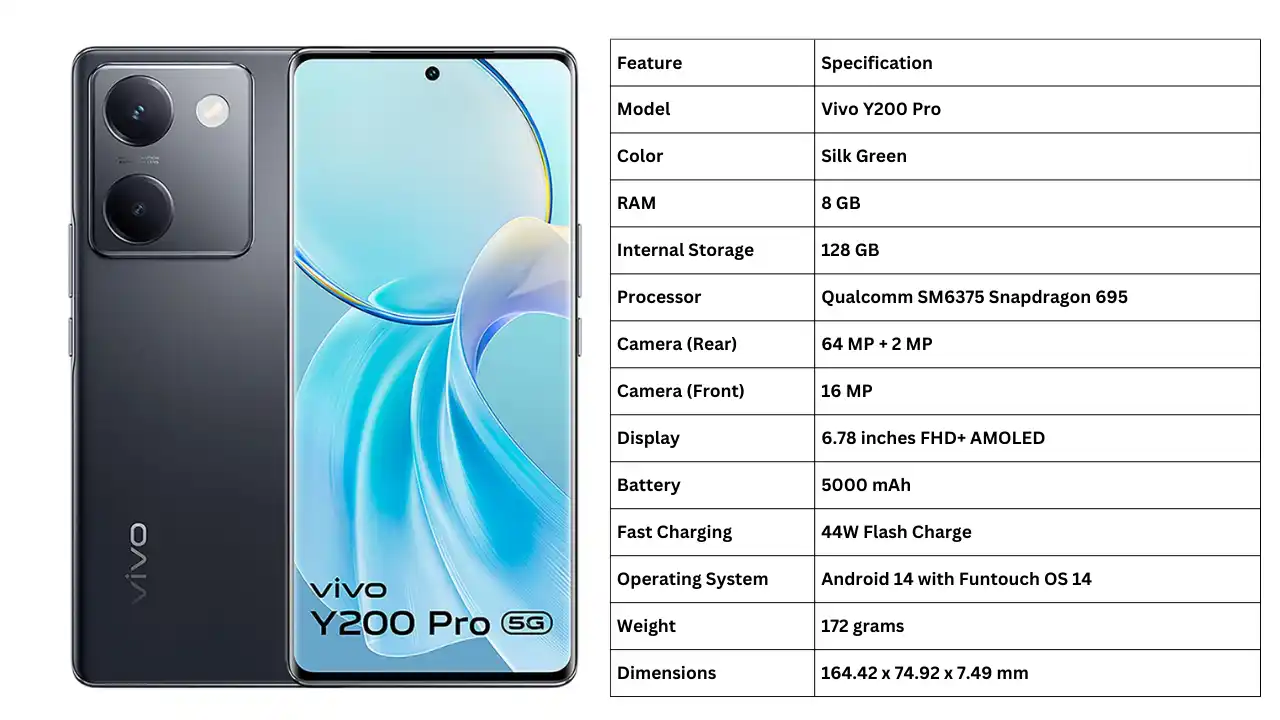 Vivo Y200 Pro Silk Green 128GB 8GB RAM Gsm Unlocked Phone Qualcomm SM6375 Snapdragon 695 5G 64MP