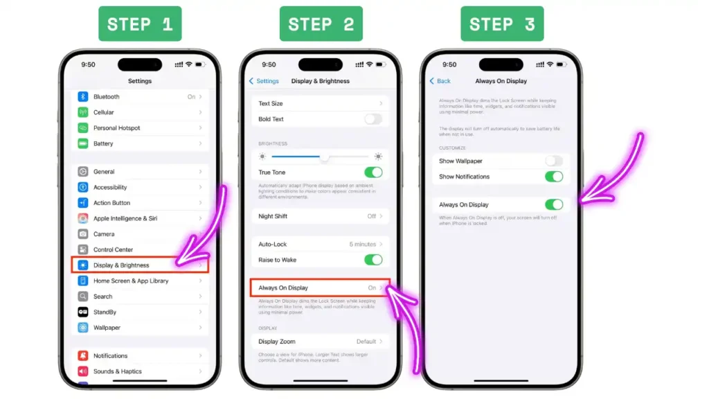 Turn off always on display iPhone 16