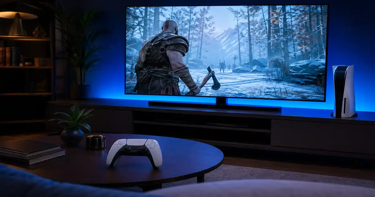 PS5 Slim 4K gaming setup with DualSense controller in living room