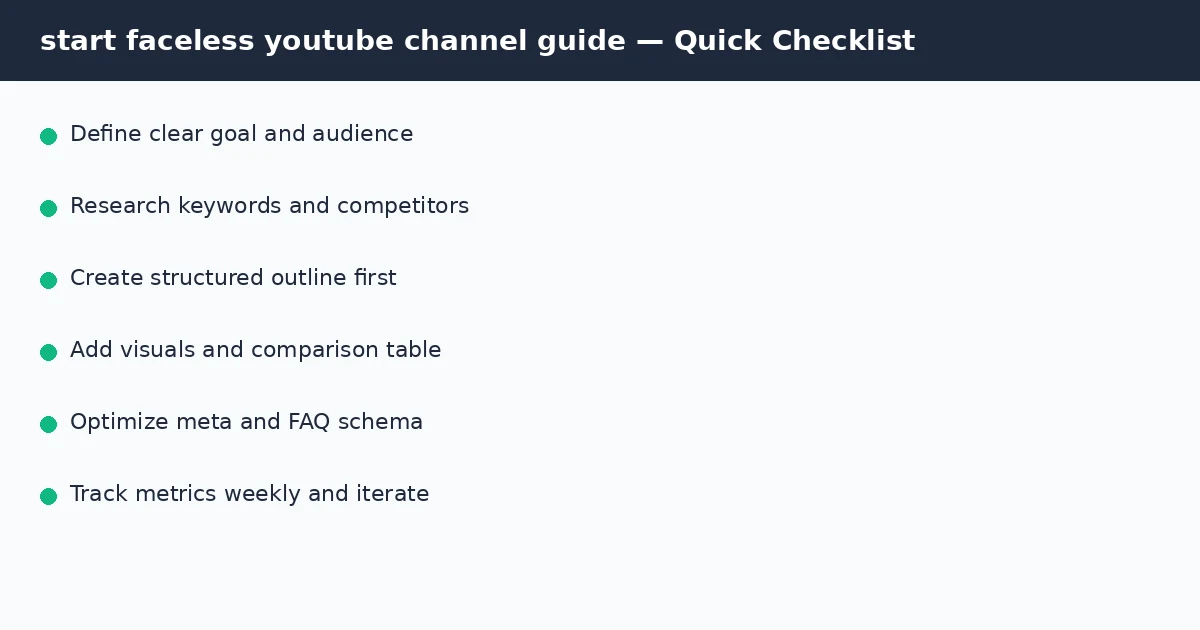 start faceless youtube channel guide quick checklist infographic