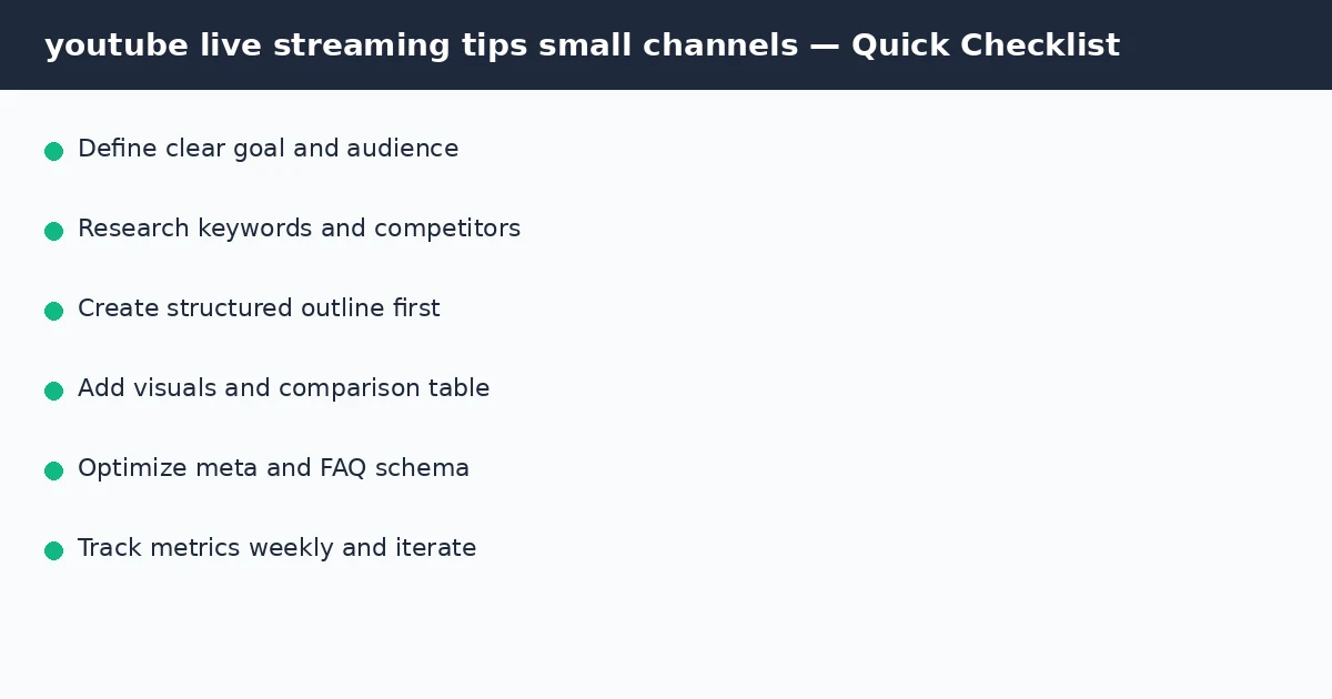 youtube live streaming tips small channels quick checklist infographic